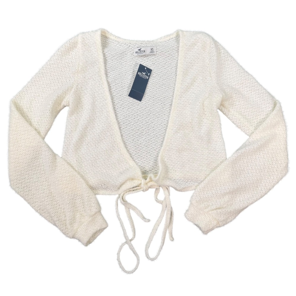 Hollister Womens Tie-Front Eyelash Knit White Cropped Cardigan Sweater Size XS
